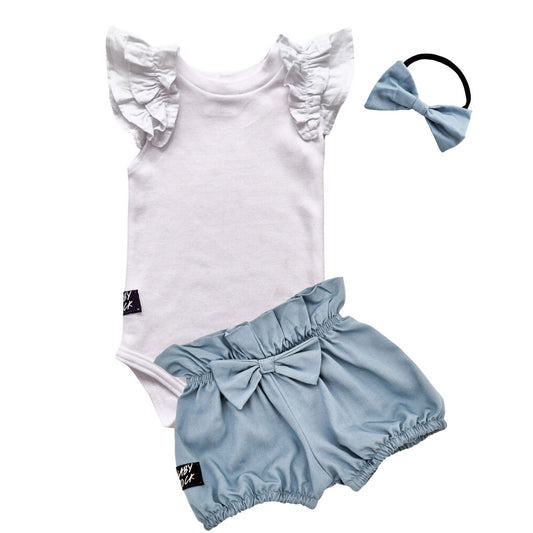 Baby Blue’s Ruffle Set - Top, Bow, Bloomers